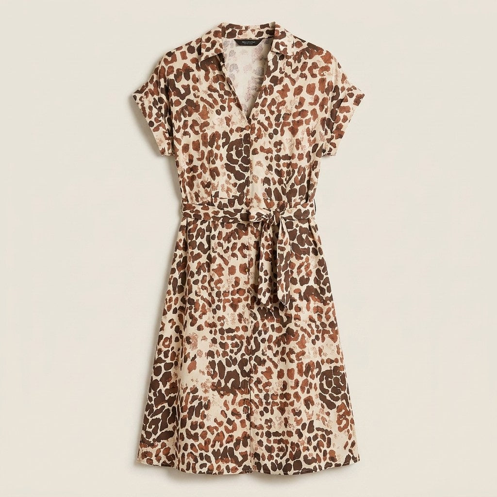 Vestido Midi Lino Estampado Animal Print Café en plano