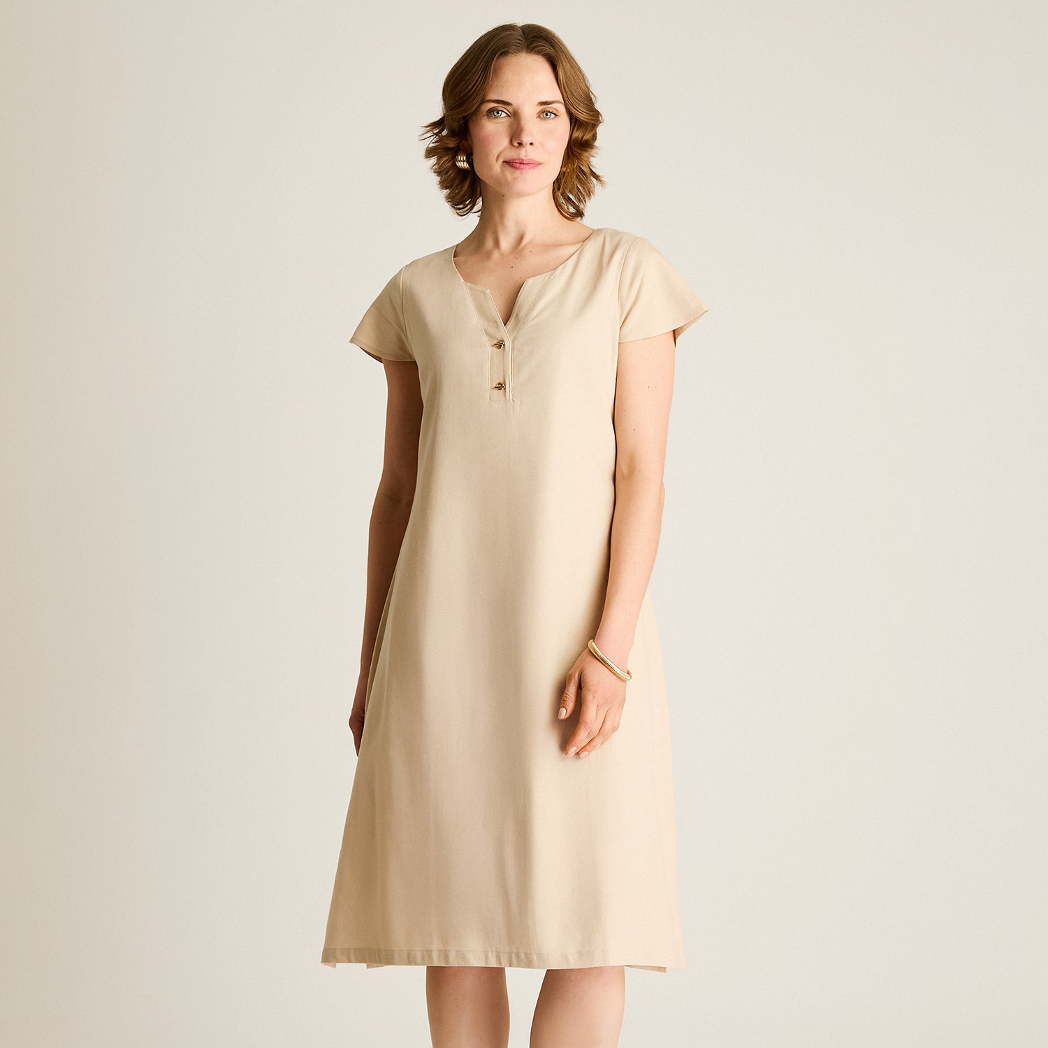 Vestido Midi Beige Sin Forro Calce Holgado