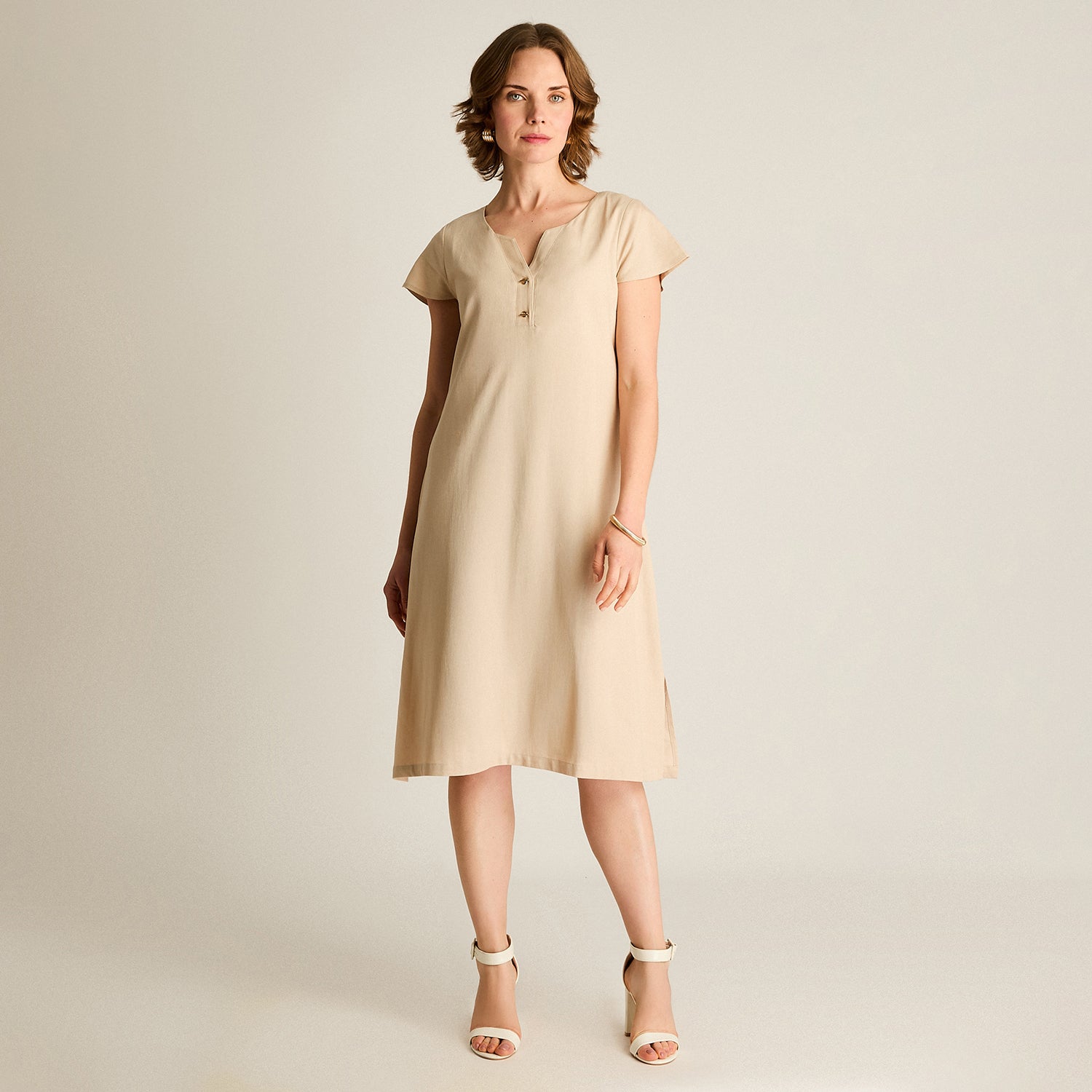 Vestido Midi Beige Sin Forro Calce Holgado