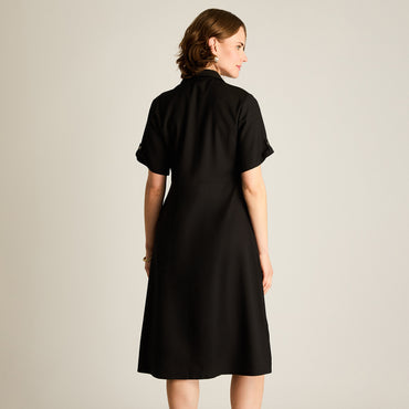 Vestido Midi Negro Sin Forro Calce Holgado