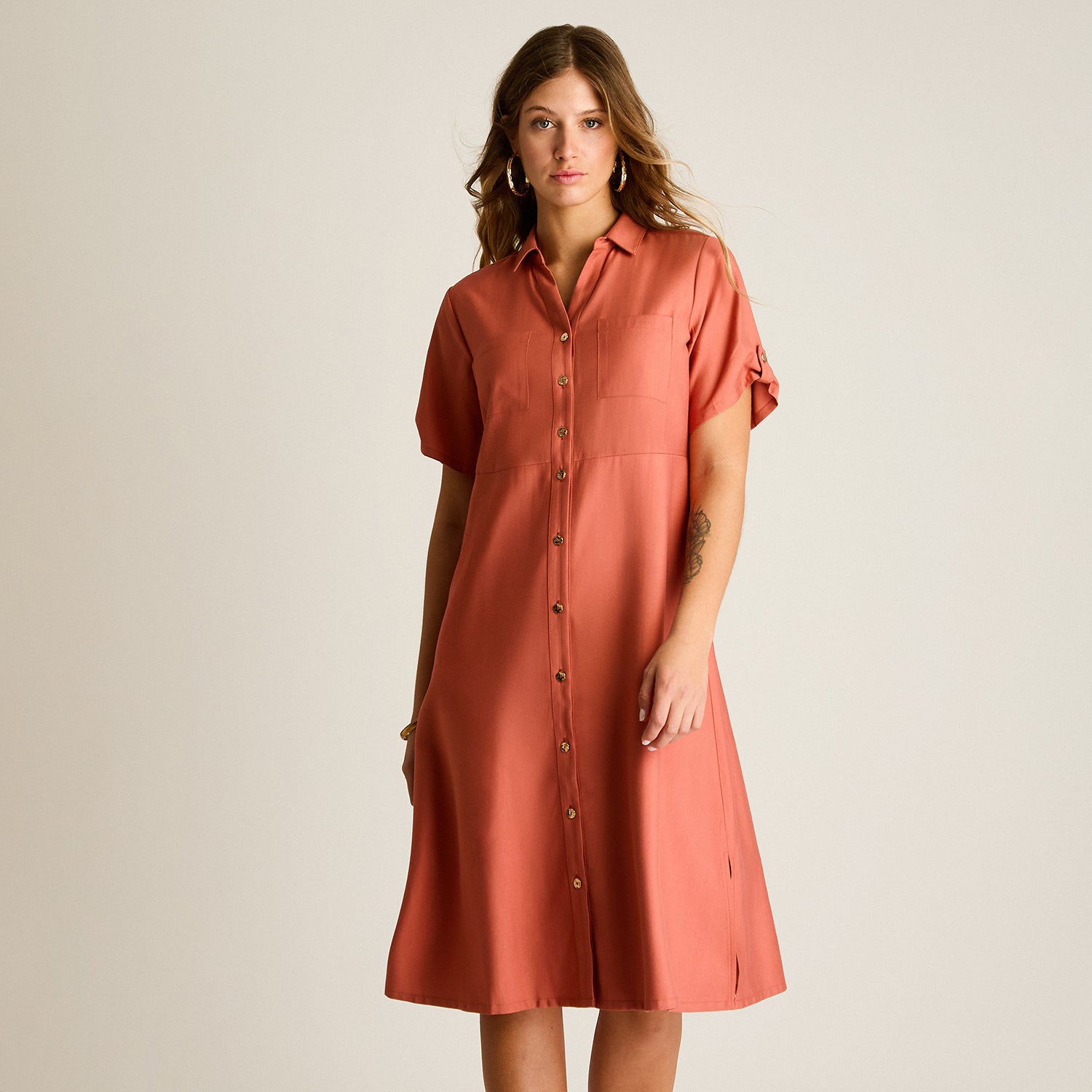 Vestido Midi Terracota Sin Forro Calce Holgado