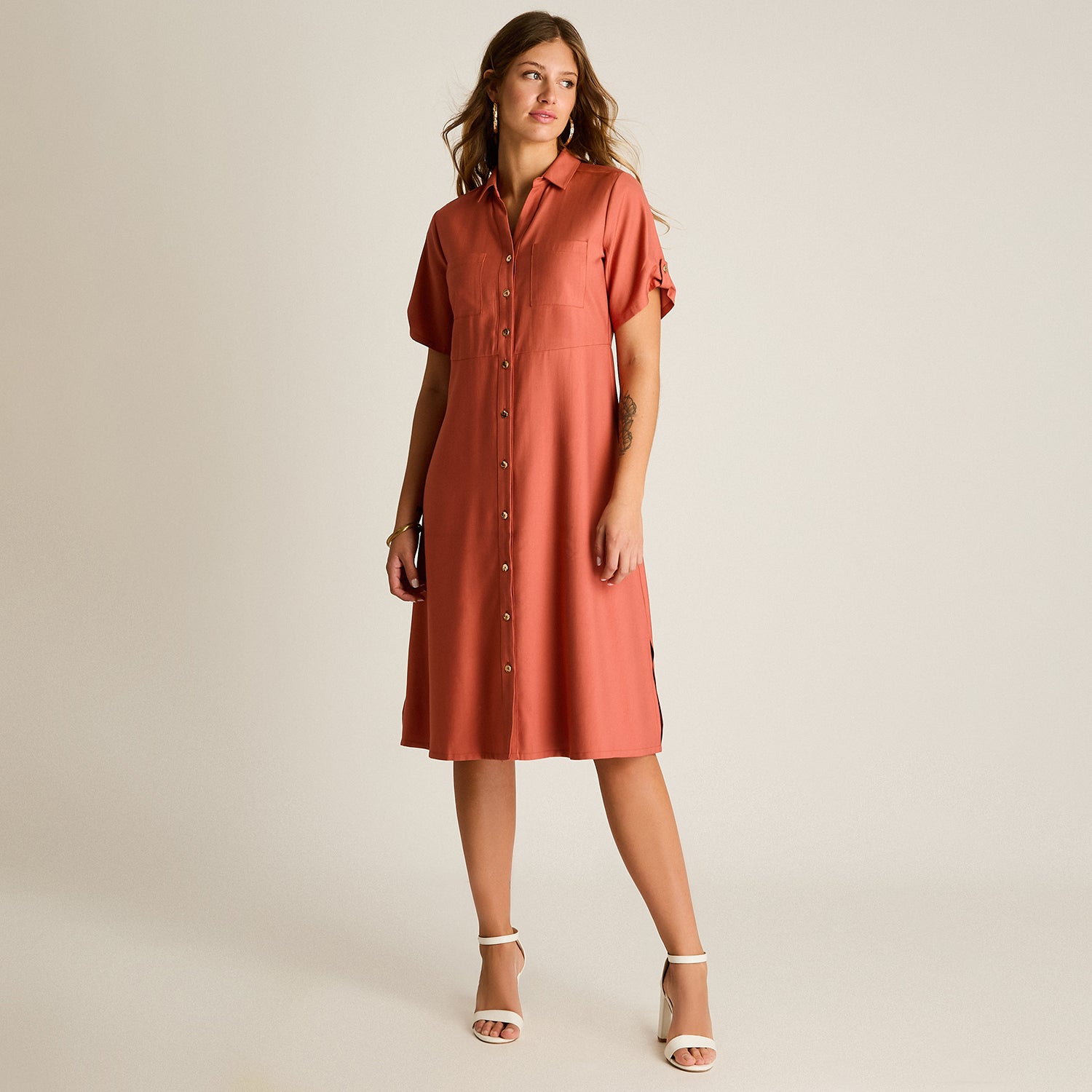 Vestido Midi Terracota Sin Forro Calce Holgado