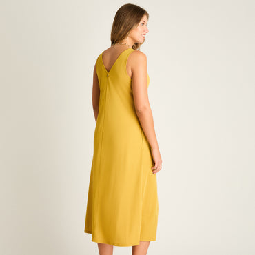 Vestido Midi Mostaza No Elasticado Sin Forro Calce Holgado