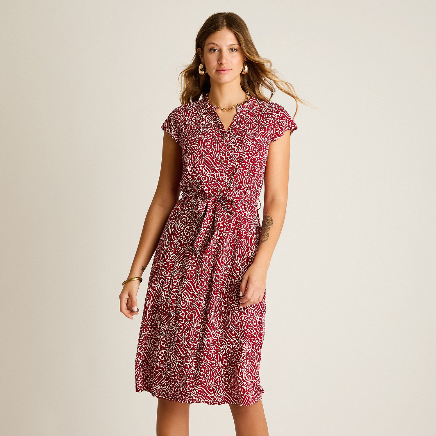 Vestido Midi Rojo No Elasticado Sin Forro Calce Normal