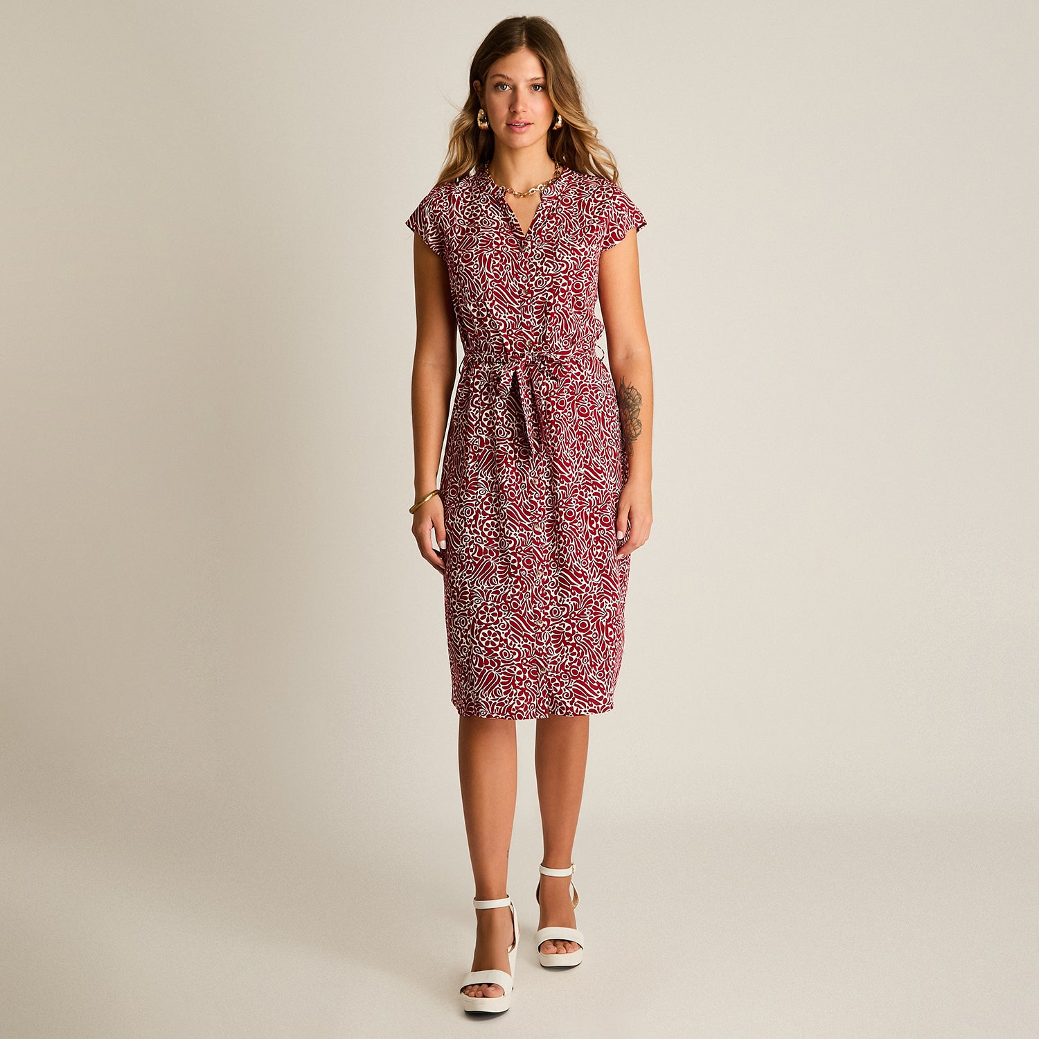 Vestido Midi Rojo No Elasticado Sin Forro Calce Normal