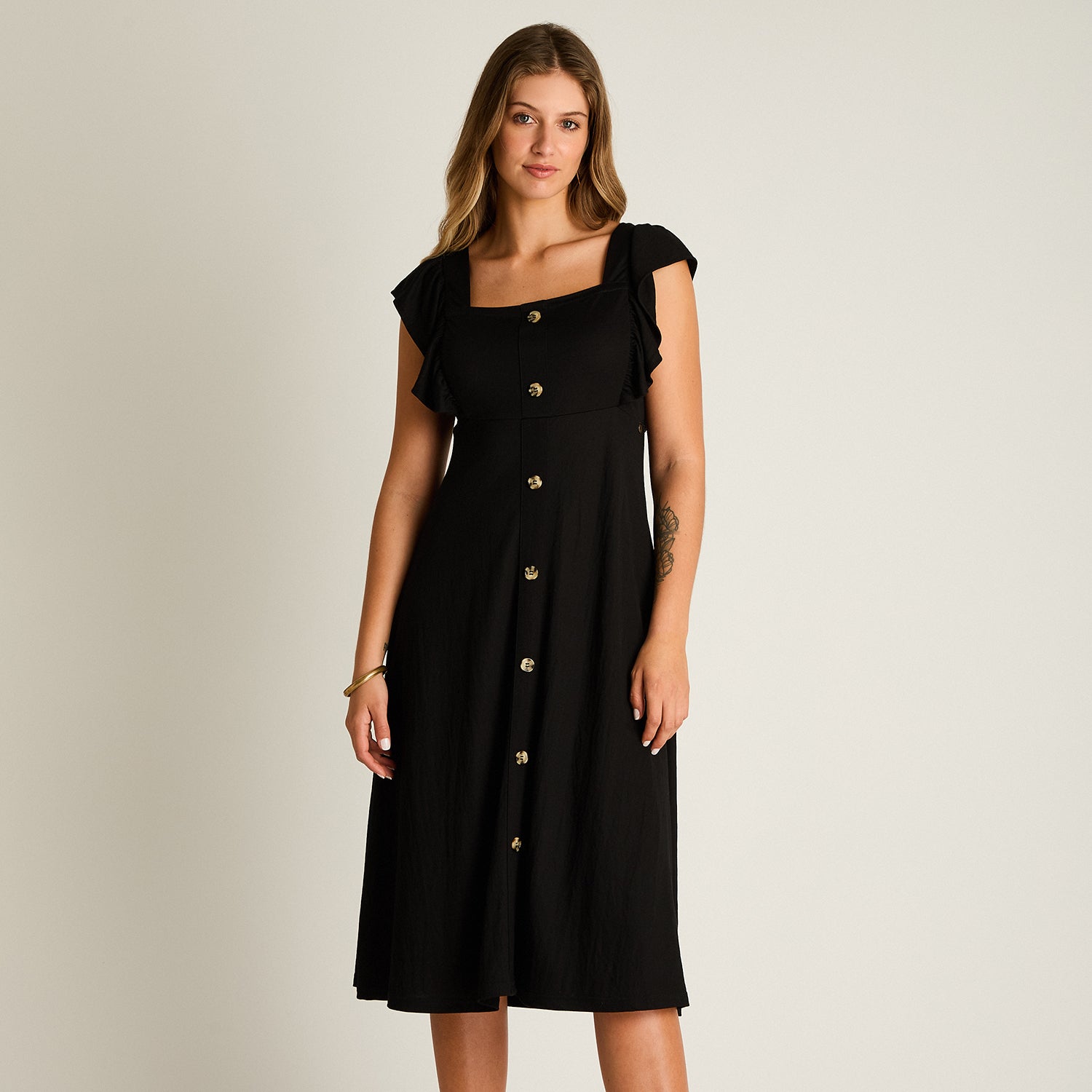 Vestido Midi Negro Baja elasticidad Sin Forro Calce Ajustado