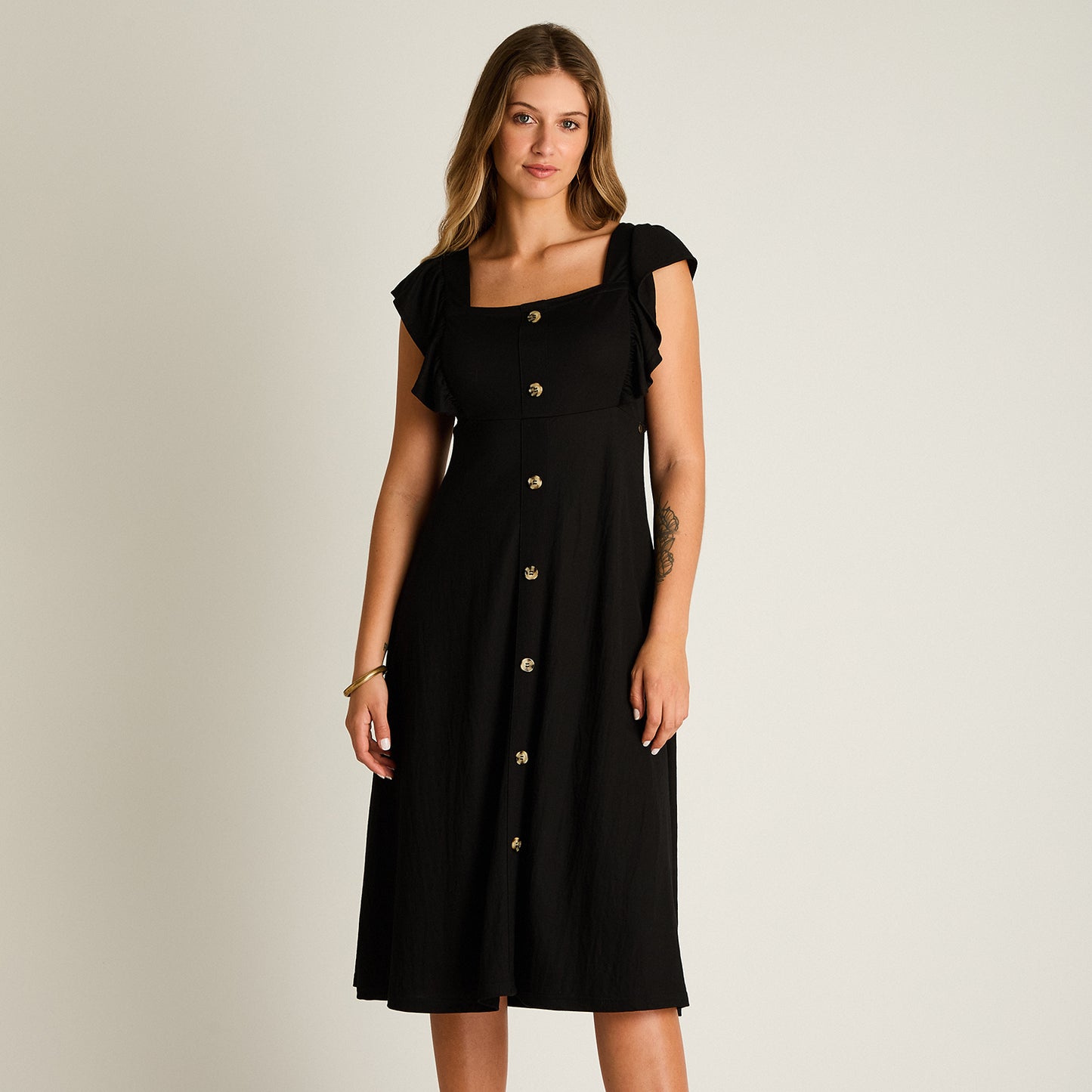 Vestido Midi Negro Baja elasticidad Sin Forro Calce Ajustado