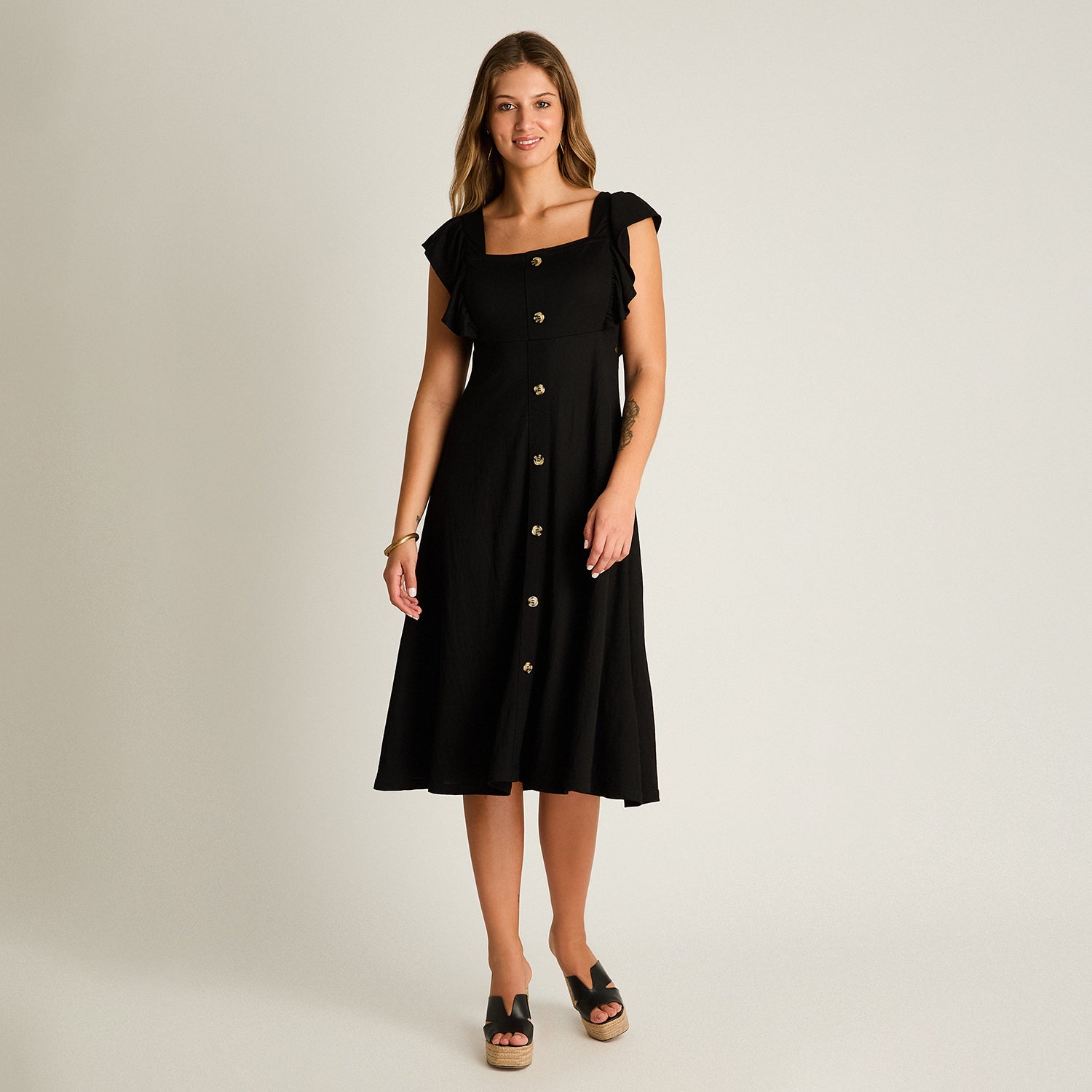 Vestido Midi Negro Baja elasticidad Sin Forro Calce Ajustado