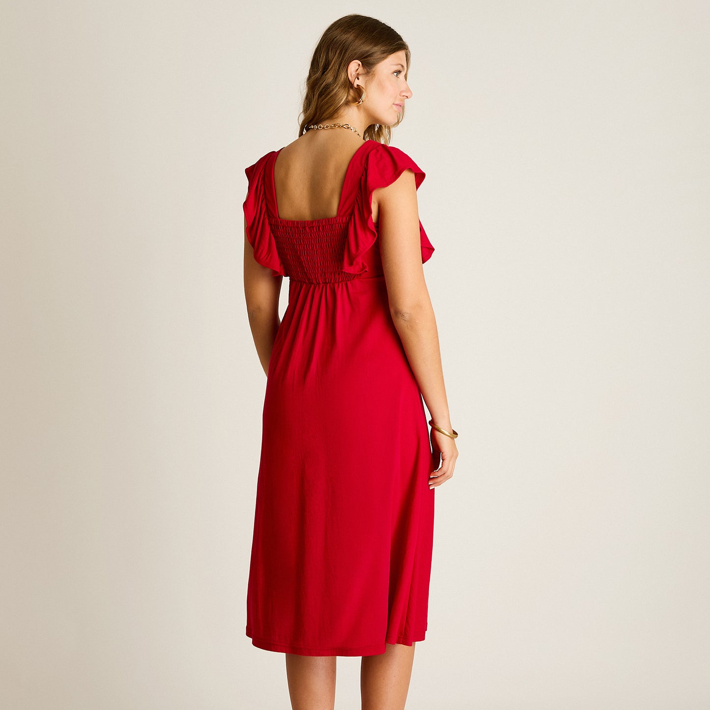 Vestido Midi Rojo Baja elasticidad Sin Forro Calce Ajustado
