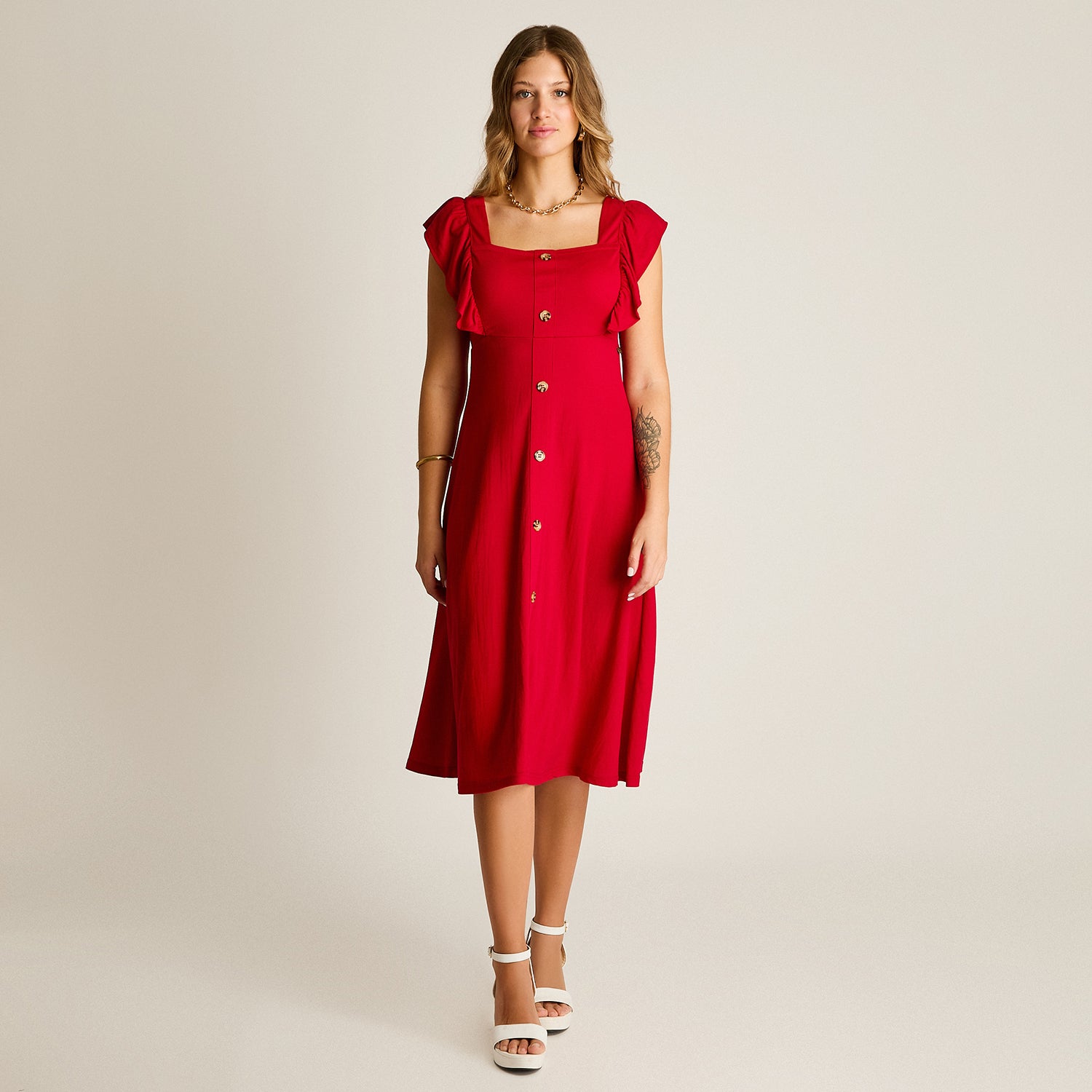 Vestido Midi Rojo Baja elasticidad Sin Forro Calce Ajustado