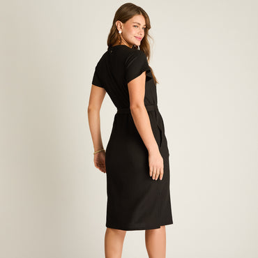 Vestido Midi Negro Elasticidad Media Sin Forro Calce Normal