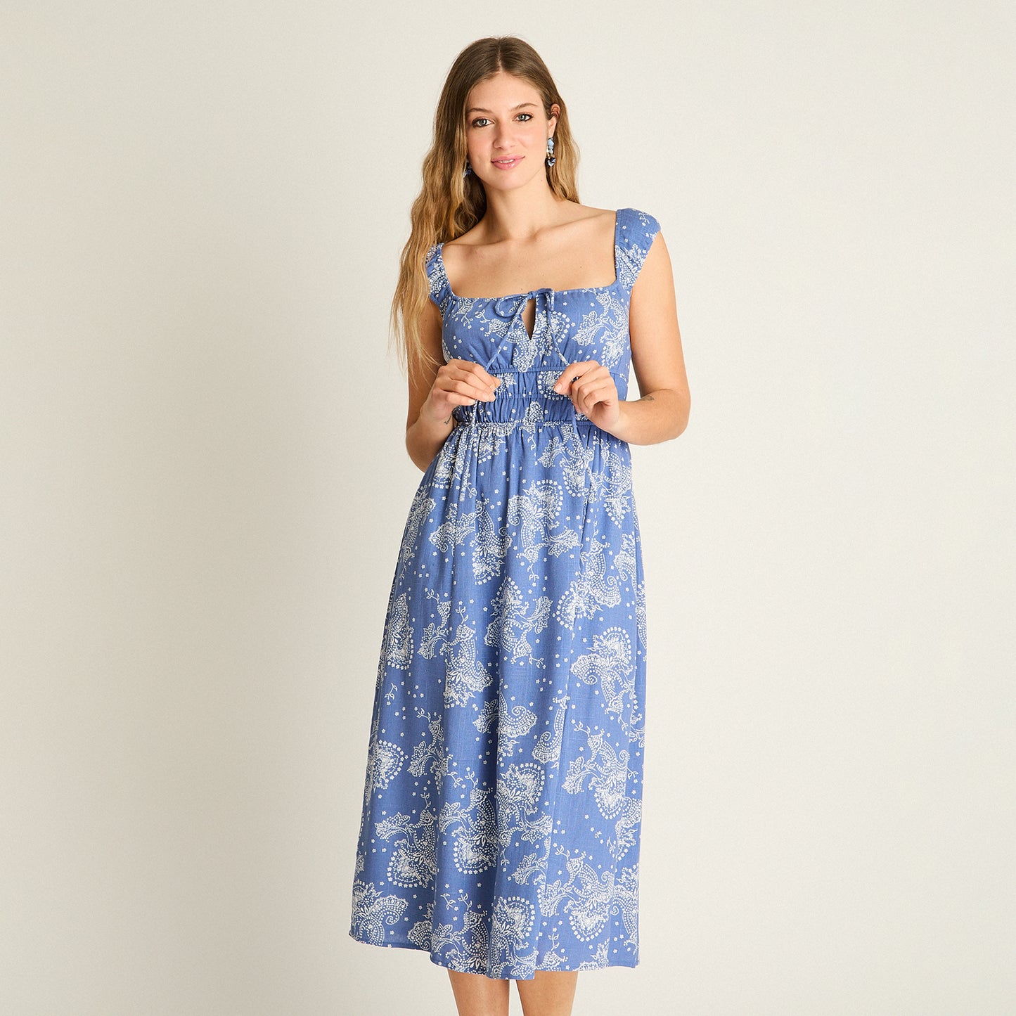 Vestido Midi Azul Estampado Mediterráneo