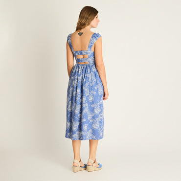 Vestido Midi Azul Estampado Mediterráneo