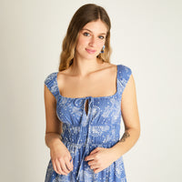 Vestido Midi Azul Estampado Mediterráneo