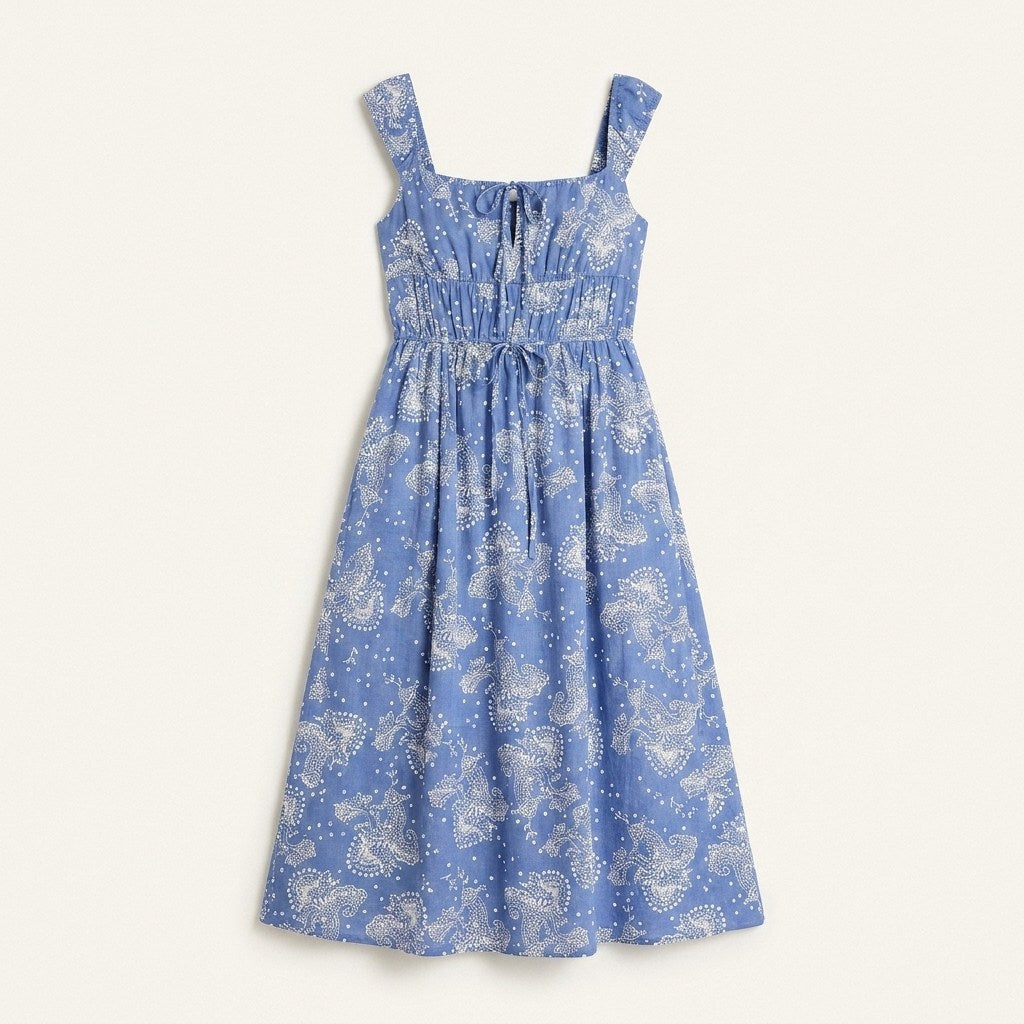 Vestido Midi Azul Estampado Mediterráneo en plano