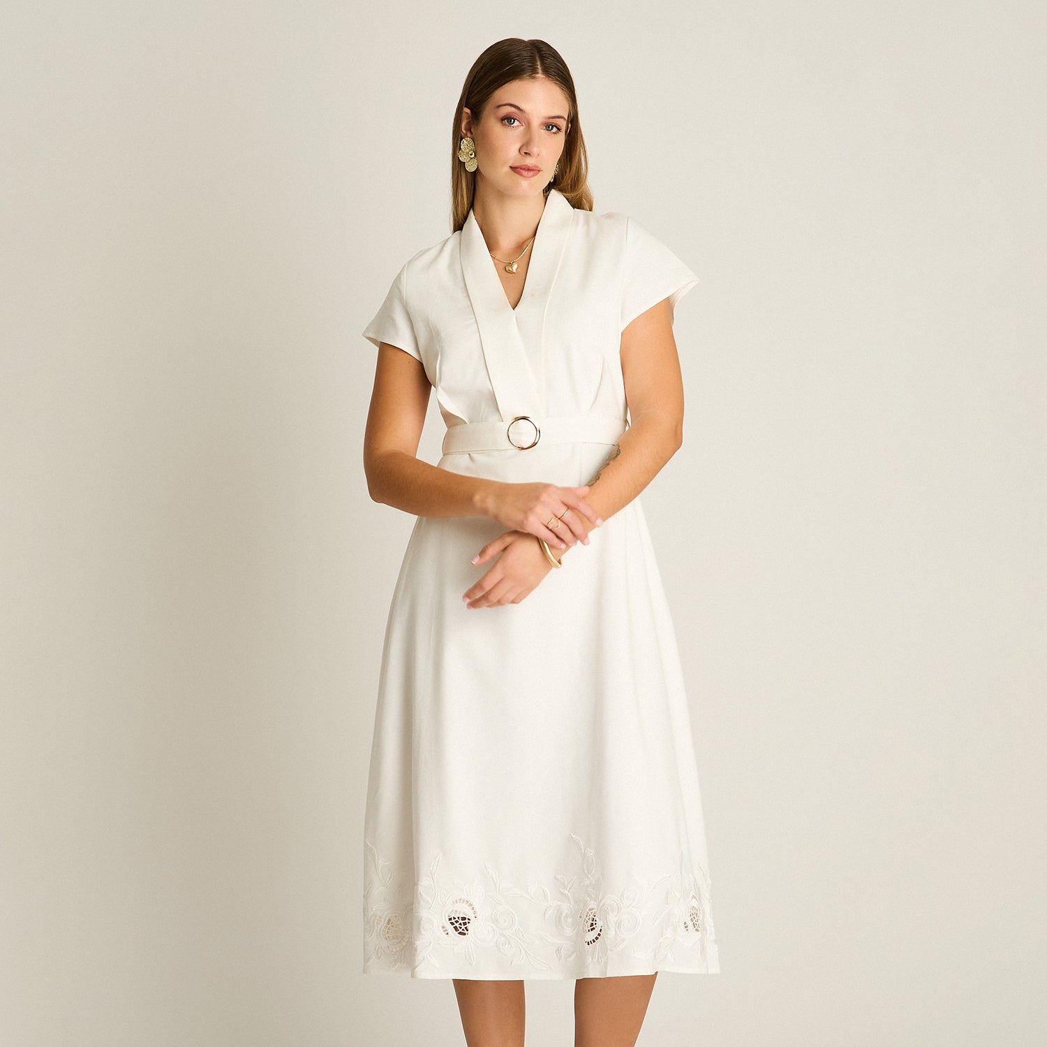 Vestido Midi Crudo Midi Elasticidad Nula Con Forro Calce Normal Tela Plano