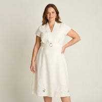 Vestido Midi Crudo con Bordado y Cinturón