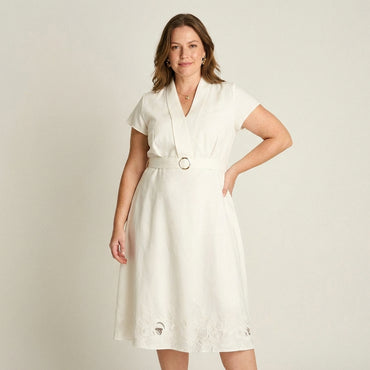 Vestido Midi Crudo con Bordado y Cinturón