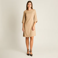 Vestido Midi Camel Midi Elasticidad Nula Con Forro Calce Normal Tela Plano