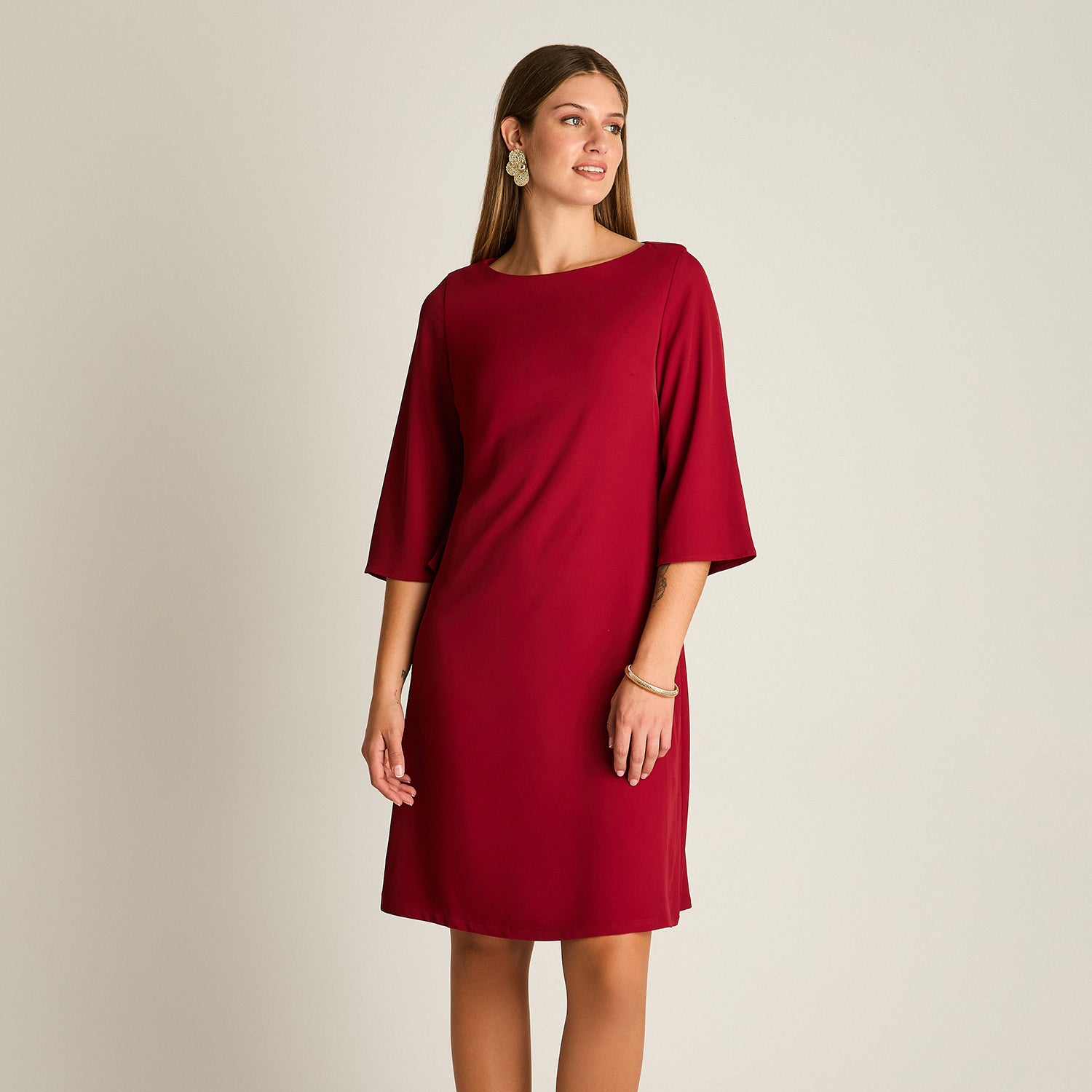 Vestido Midi Rojo Midi Elasticidad Nula Con Forro Calce Normal Tela Plano
