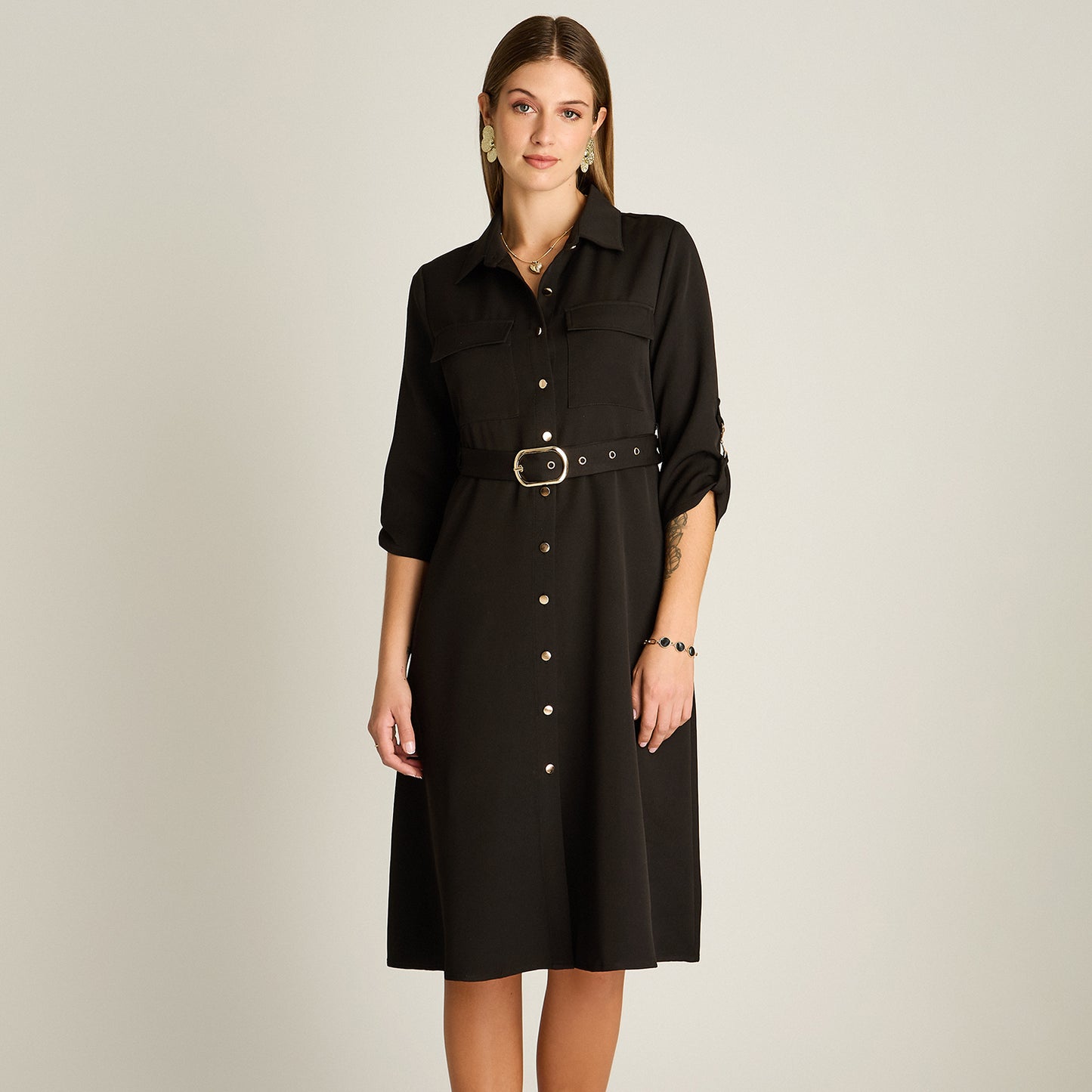 Vestido Midi Negro Manga Larga Elasticidad Media Sin Forro Calce Normal Tela Plano