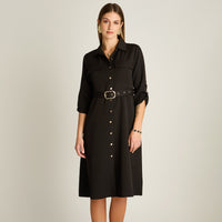 Vestido Midi Negro Manga Larga Elasticidad Media Sin Forro Calce Normal Tela Plano