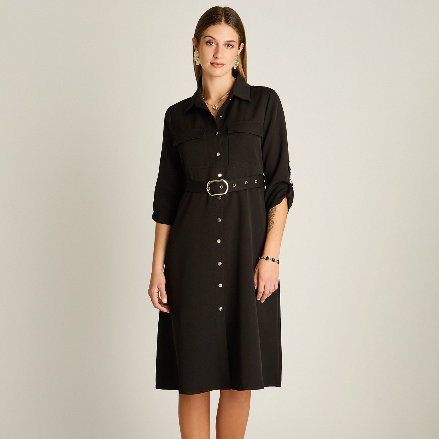 Vestido Midi Negro Manga Larga Elasticidad Media Sin Forro Calce Normal Tela Plano