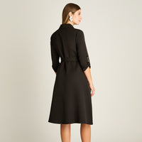 Vestido Midi Negro Manga Larga Elasticidad Media Sin Forro Calce Normal Tela Plano