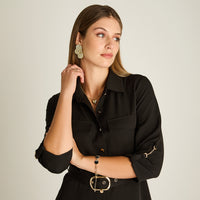 Vestido Midi Negro Manga Larga Elasticidad Media Sin Forro Calce Normal Tela Plano