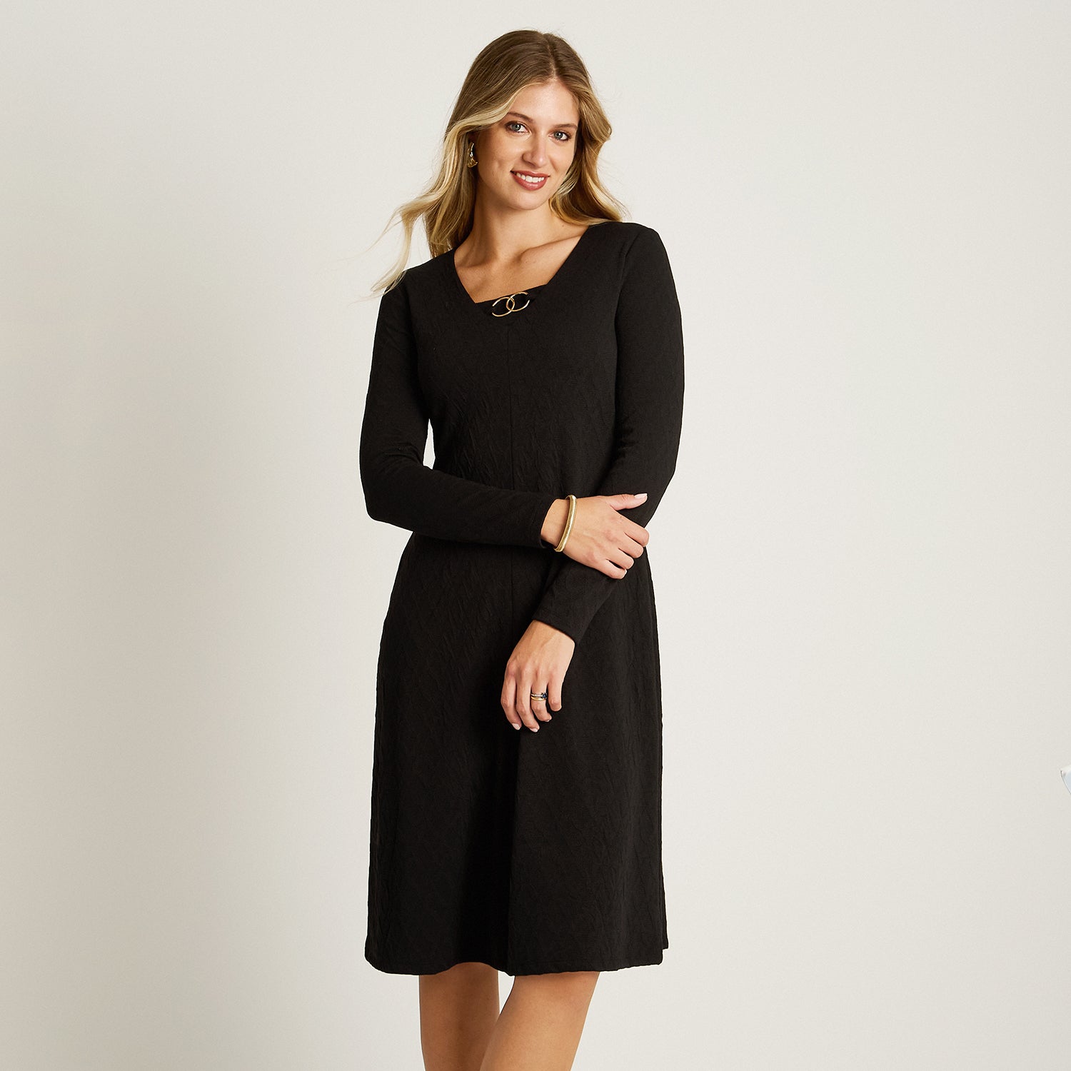 Vestido Midi Negro Midi Elasticidad Media Con Forro Calce Normal Tela Camant