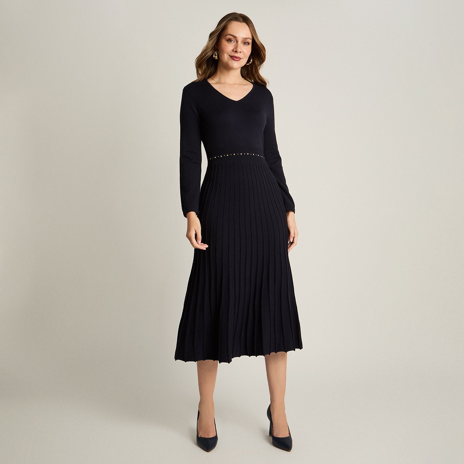 Vestido Midi Azul Midi Elasticidad Nula Sin Forro Calce Normal Tela Tejido