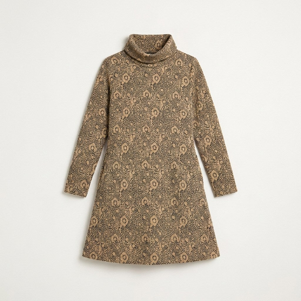 Vestido Midi Camel en Lanilla con Cuello Alto y Estampado Circular en plano