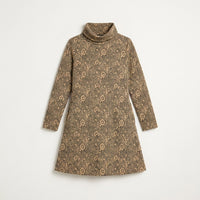 Vestido Midi Camel en Lanilla con Cuello Alto y Estampado Circular en plano