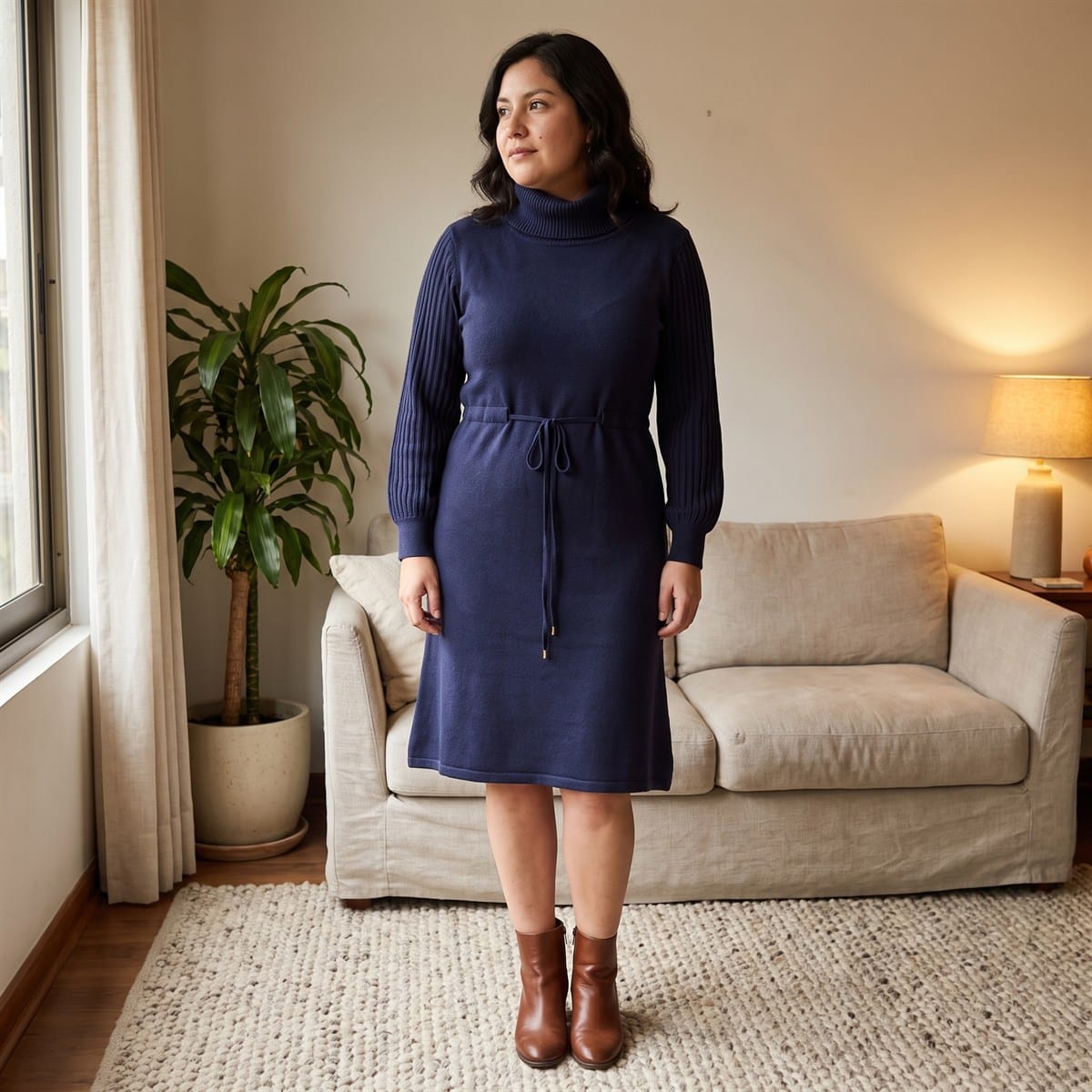 Vestido tejido azul marino con cuello alto y amarra en cintura lifestyle