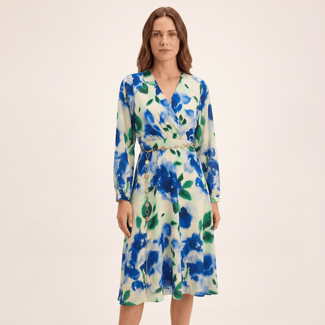 Vestido Midi Escote V con Cinturón Estampado Beige