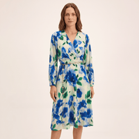 Vestido Midi Escote V con Cinturón Estampado Beige