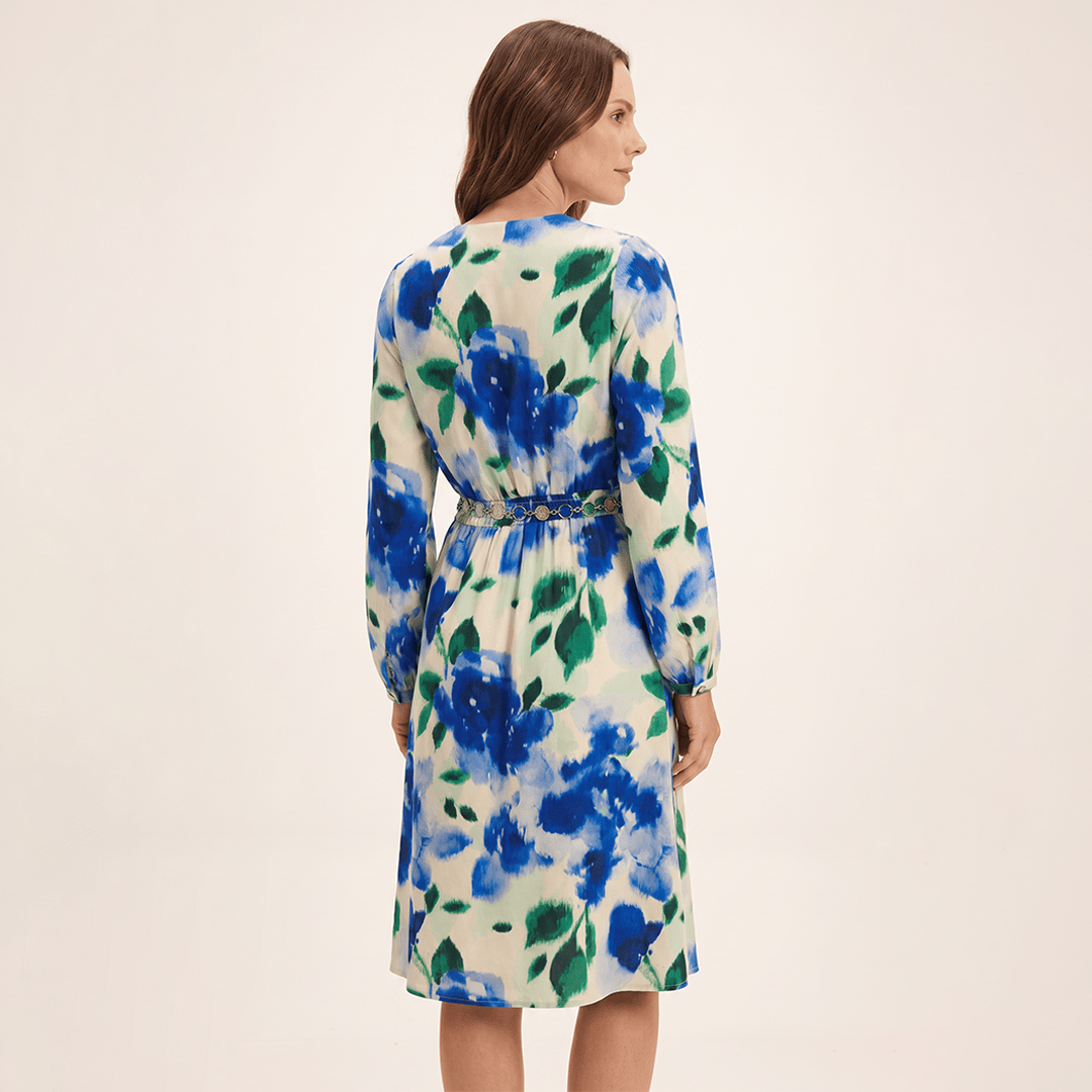 Vestido Midi Escote V con Cinturón Estampado Beige