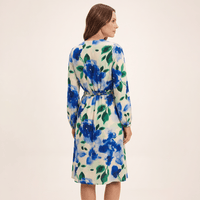 Vestido Midi Escote V con Cinturón Estampado Beige