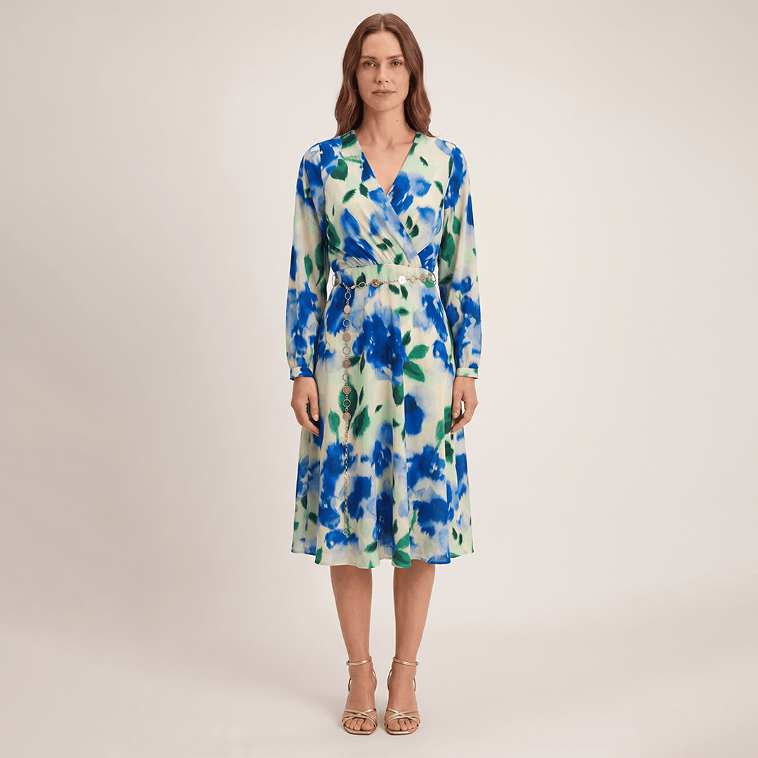 Vestido Midi Escote V con Cinturón Estampado Beige