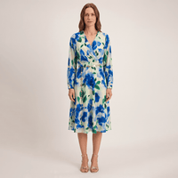 Vestido Midi Escote V con Cinturón Estampado Beige