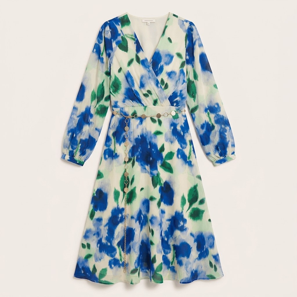 Vestido Midi Escote V con Cinturón Estampado Beige en plano