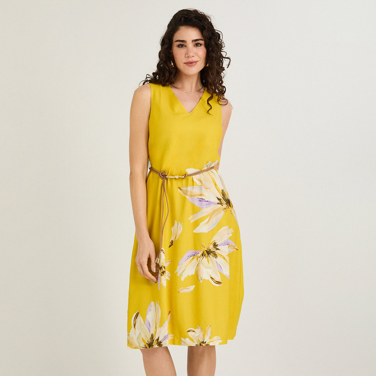 Vestido Midi de Lino sin Mangas con Estampado Localizado Amarillo