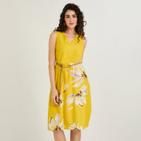 Vestido Midi de Lino sin Mangas con Estampado Localizado Amarillo