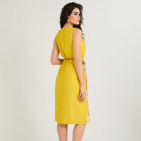 Vestido Midi de Lino sin Mangas con Estampado Localizado Amarillo