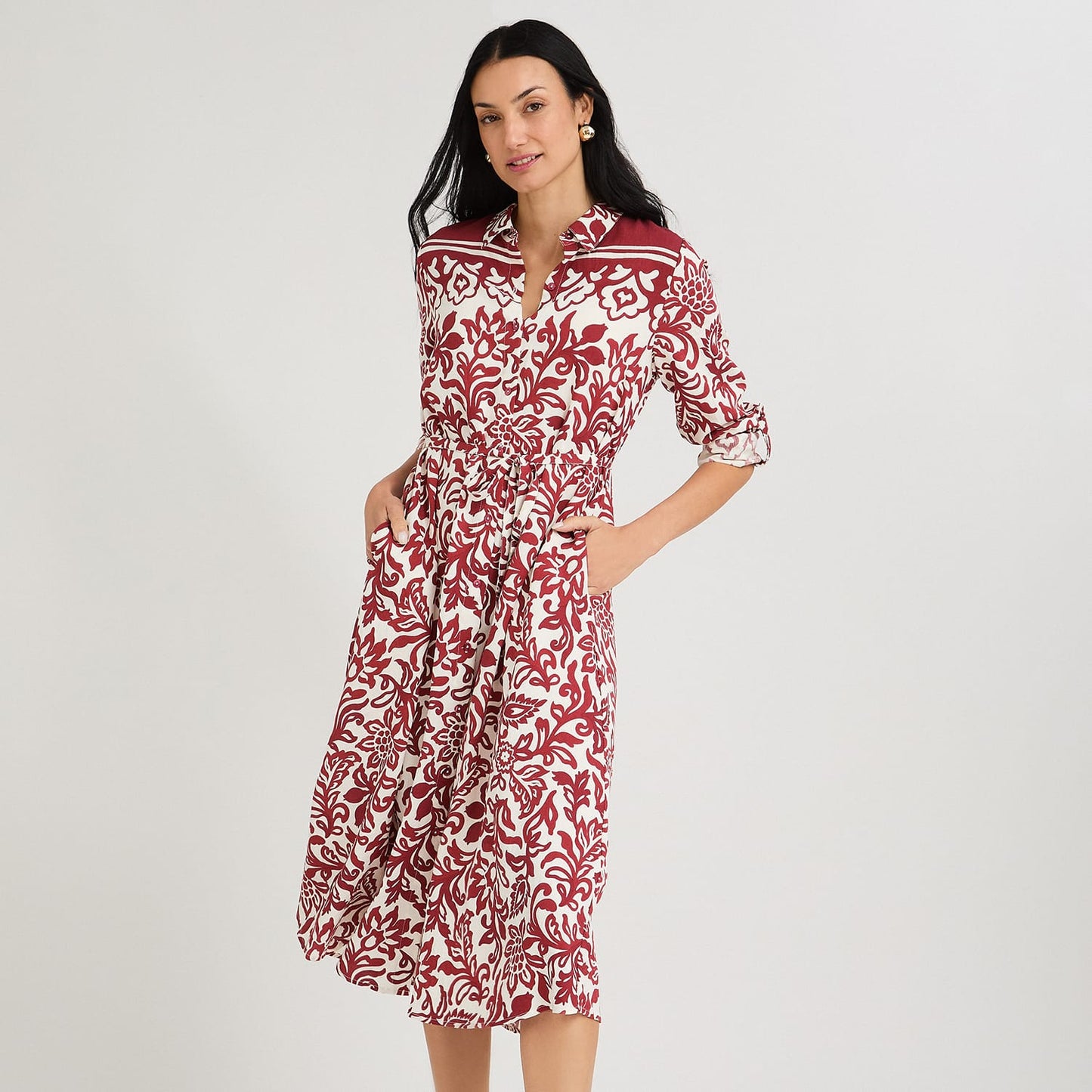 Vestido Midi Largo Manga Larga Roll Up Estampado Beige