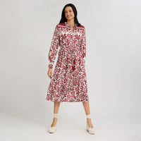 Vestido Midi Largo Manga Larga Roll Up Estampado Beige
