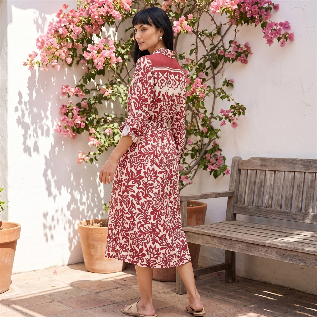 Vestido Midi Largo Manga Larga Roll Up Estampado Beige lifestyle