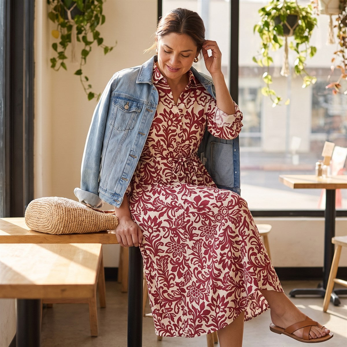 Vestido Midi Largo Manga Larga Roll Up Estampado Beige lifestyle