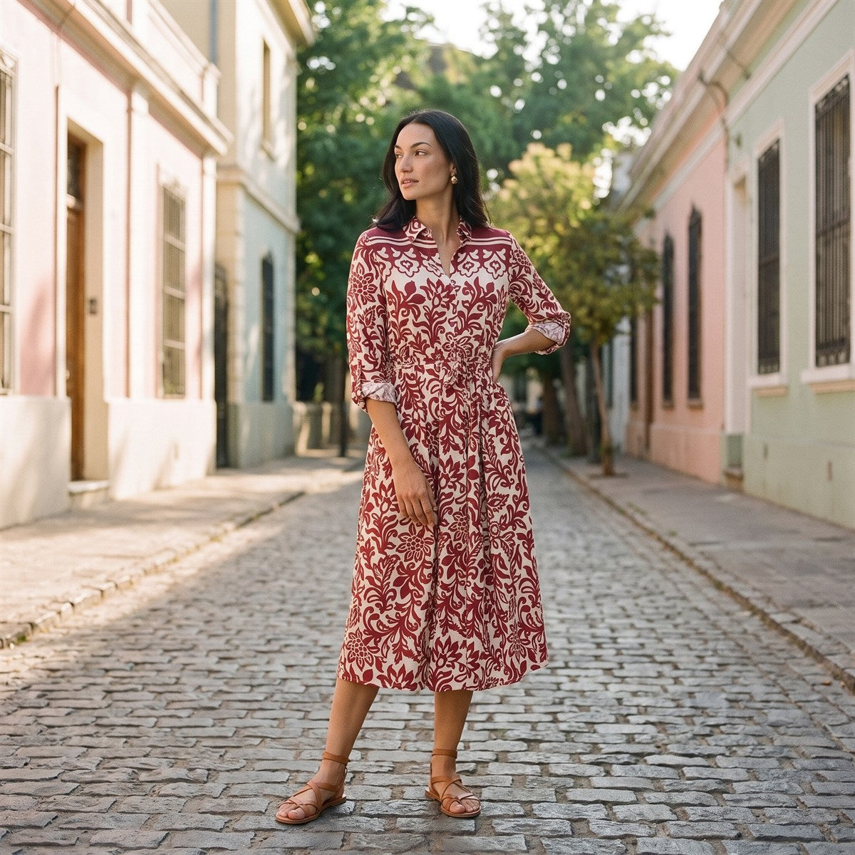Vestido Midi Largo Manga Larga Roll Up Estampado Beige lifestyle