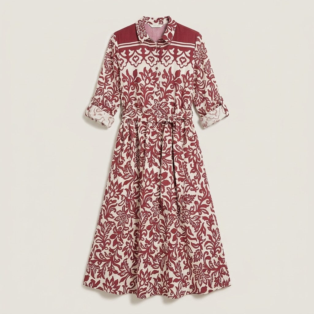 Vestido Midi Largo Manga Larga Roll Up Estampado Beige en plano